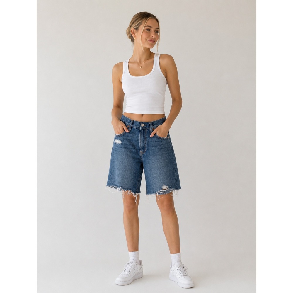 Gap Shorts Loose Bermuda Mid Rise Denim Jean Womens 25 Blue Distressed‎ Raw Hem